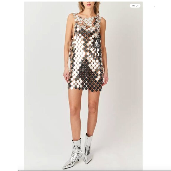 AMY LYNN Silver Sequin Mini Dress XS / S Urban Outfitters Mod 60s Metallic Discs - Picture 1 of 16
